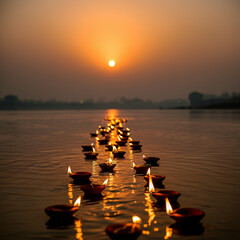 A serene river view at sunset, with a trail of diyas (lamps) floating on the water, creating a glowing pathway that extends toward the horizon, symbolizing hope and spiritual devotion