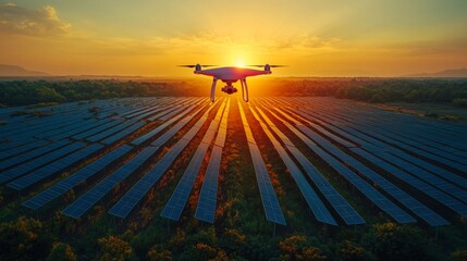 Aufkleber - A drone hovers above a vast solar panel array, capturing aerial data as the sun sets, illuminating the renewable energy landscape with warm hues.