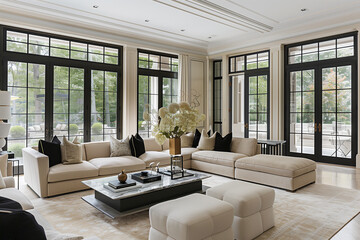 Wall Mural - Spacious living room with a cream-colored sofa, marble coffee table, and black-framed windows, creating a sleek and sophisticated atmosphere.