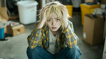 Young Person in Distressed Clothing Looks Worried in a Messy Garage