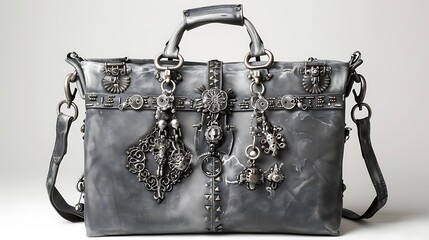 A grey leather shopping bag embellished with silver charms and buckles