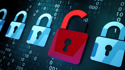 binary code lock, combination lock code. Digital padlock for computing system on a dark blue background, cyber security technology