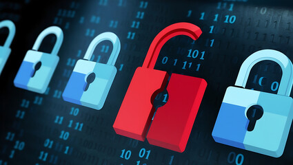 binary code lock, combination lock code. Digital padlock for computing system on a dark blue background, cyber security technology