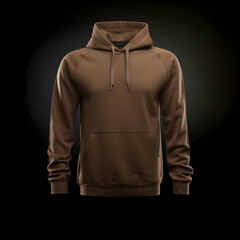 A brown hoodie displayed against a dark background, showcasing casual apparel design.