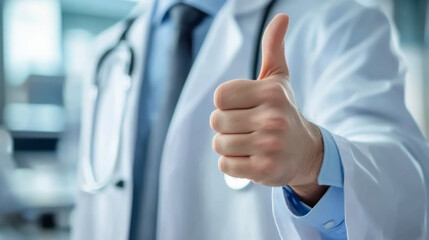 confident doctor giving a thumbs-up gesture in a modern medical environment