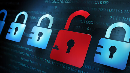 binary code lock, combination lock code. Digital padlock for computing system on a dark blue background, cyber security technology