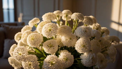 A bouquet of white flowers in the interior of the living room