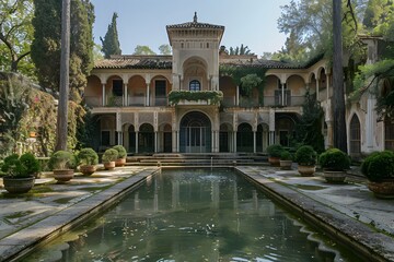 Wall Mural - Serene Reflections: A Historic Courtyard Surrounded by Lush Gardens and Tranquil Waters