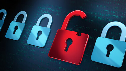  binary code lock, combination lock code. Digital padlock for computing system on a dark blue background, cyber security technology