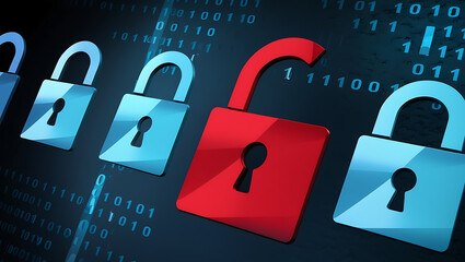  binary code lock, combination lock code. Digital padlock for computing system on a dark blue background, cyber security technology