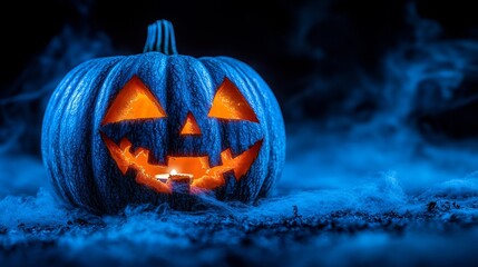 Glowing Jack o  Lantern with Blue Smoke and Cobwebs on Dark Background