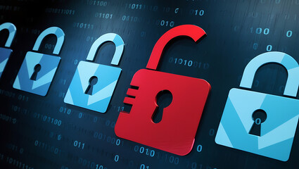 binary code lock, combination lock code. Digital padlock for computing system on a dark blue background, cyber security technology