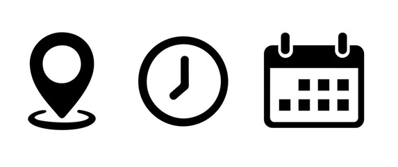 date, time, address icon set. event icons vector. location, calendar & clock icon transparent png
