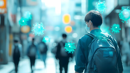 Navigating a World with Invisible Threats: A Person Walking in a Crowded City with a Mask and a Backpack,  Surrounded by Virus Images