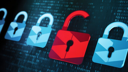  binary code lock, combination lock code. Digital padlock for computing system on a dark blue background, cyber security technology