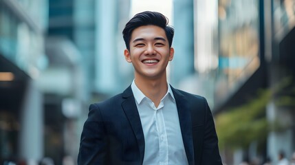 Wall Mural - A smiling young man in a suit, standing in an urban setting.