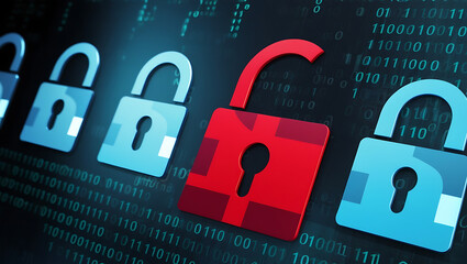  binary code lock, combination lock code. Digital padlock for computing system on a dark blue background, cyber security technology