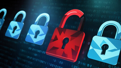  binary code lock, combination lock code. Digital padlock for computing system on a dark blue background, cyber security technology