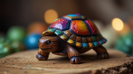 A colorful wooden turtle figurine with a bright, patterned shell on a wooden base.