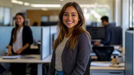 A young woman in casual business attire stands at her desk, smiling as she poses for the camera.