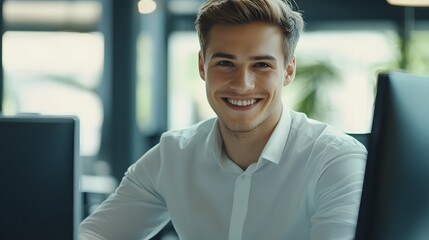 Wall Mural - A young man smiles at the camera while sitting at his desk in an office setting.