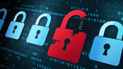  binary code lock, combination lock code. Digital padlock for computing system on a dark blue background, cyber security technology