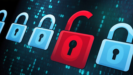  binary code lock, combination lock code. Digital padlock for computing system on a dark blue background, cyber security technology