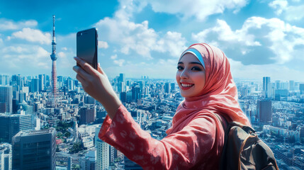 A young, beautiful, smiling Muslim businesswoman taking a selfie with a smartphone against the backdrop.