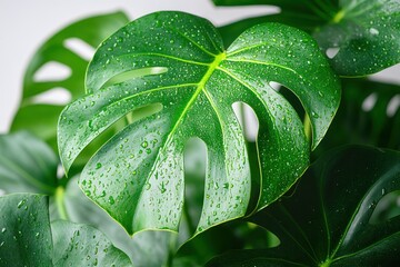 Wall Mural - Close-up of a lush green monstera leaf with water droplets.