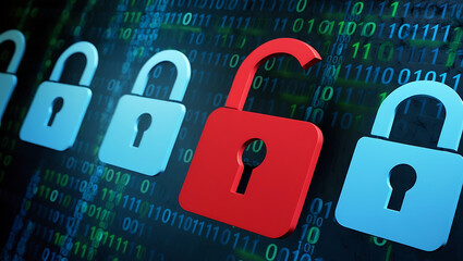  binary code lock, combination lock code. Digital padlock for computing system on a dark blue background, cyber security technology