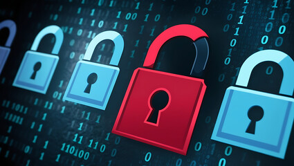 binary code lock, combination lock code. Digital padlock for computing system on a dark blue background, cyber security technology