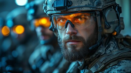 Aufkleber - A group of soldiers stands ready for action, equipped with tactical gear and glowing visors. The intense focus in their eyes reflects their preparation for a night operation.