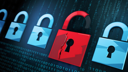  binary code lock, combination lock code. Digital padlock for computing system on a dark blue background, cyber security technology