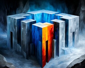 Wall Mural - Exploring the depths of abstract architecture a striking fusion of color and structure in a dreamlike landscape