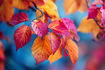 Wall Mural - Vibrant Autumn Leaves in Vivid Colors Against a Soft Blue Background