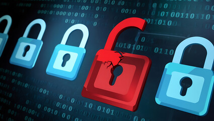  binary code lock, combination lock code. Digital padlock for computing system on a dark blue background, cyber security technology