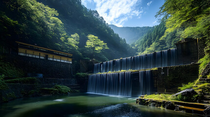 Wall Mural - Serene Waterfall Cascading Down a Stone Dam in a Lush Green Forest