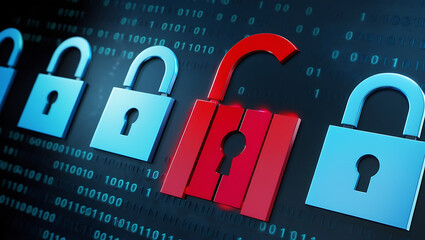  binary code lock, combination lock code. Digital padlock for computing system on a dark blue background, cyber security technology
