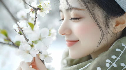 Poster - Woman Inhaling The Sweet Scent of White Blossoms