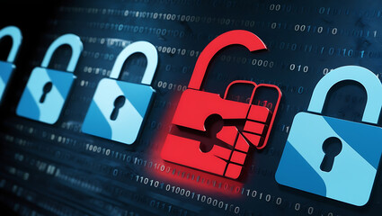  binary code lock, combination lock code. Digital padlock for computing system on a dark blue background, cyber security technology