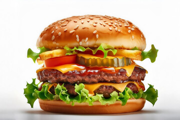 Close up of tasty burger isolated on white background. french fries and the burger with meat, cooking a burger at home. junk fast food.