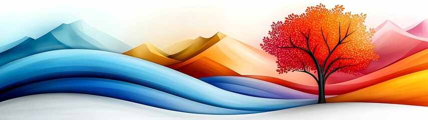 Wall Mural - vibrant autumn landscape with colorful mountains and striking tree enhances nature's beauty in abstr