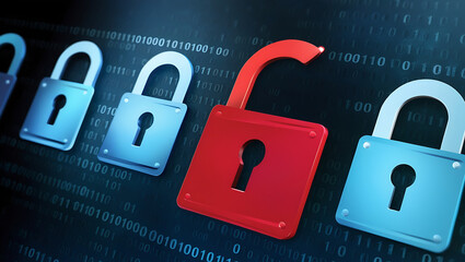  binary code lock, combination lock code. Digital padlock for computing system on a dark blue background, cyber security technology