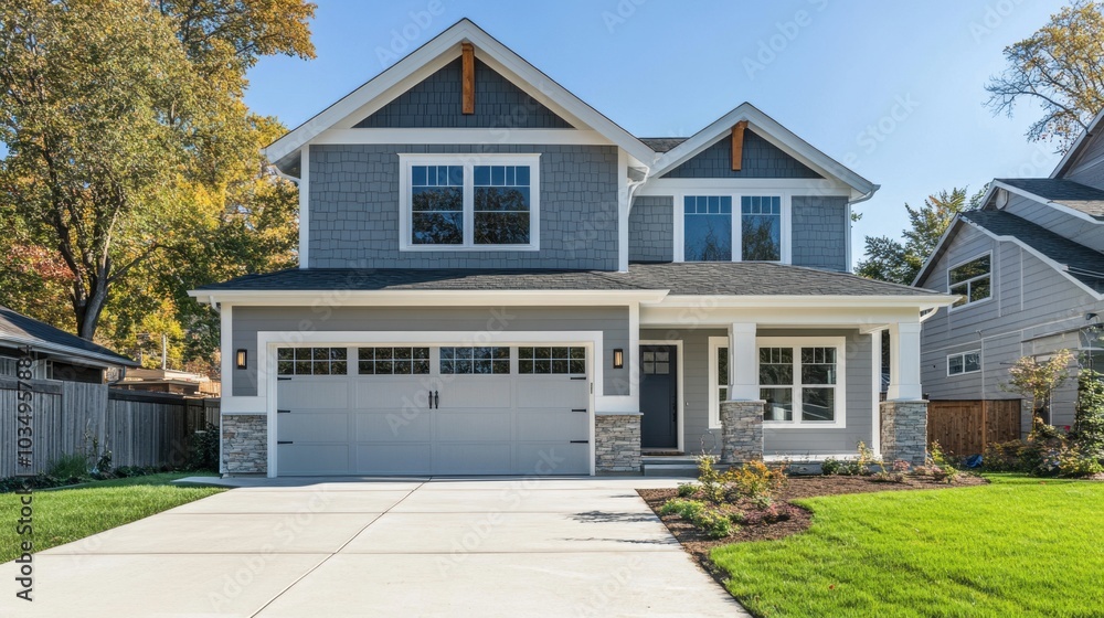Striking new home with light gray siding, natural stone cladding, and a ...