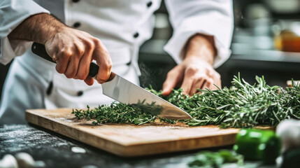 Chef slicing fresh herbs on wooden cutting board in professional kitchen setting