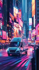 Naklejka na meble A sleek, modern delivery van driving through a bustling cityscape