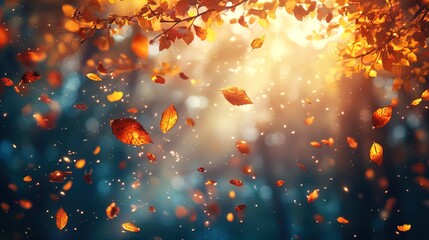 Wall Mural - A serene autumn scene with golden and orange leaves gently falling from tree branches. The background features a soft-focus of trees with warm lighting creating a dreamy atmosphere. The sunlight filte