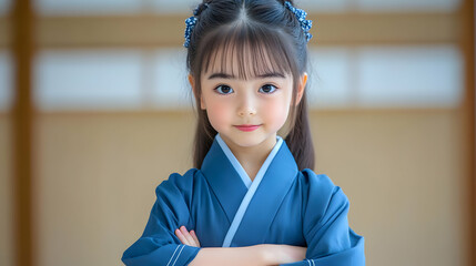 Canvas Print - Adorable Little Girl in Traditional Blue Kimono with Hair Bows Looks at Camera