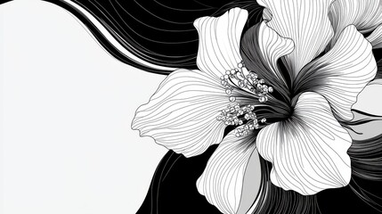 Monochrome floral abstraction: Graphic beautiful flower rendered in bold black and white, Vector illustration with intricate line work, negative space creating optical illusions, Art Nouveau-inspired