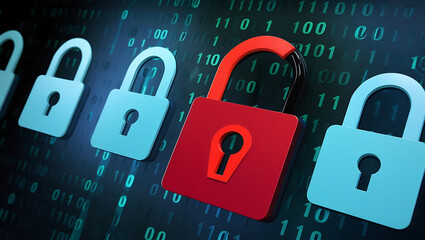  binary code lock, combination lock code. Digital padlock for computing system on a dark blue background, cyber security technology